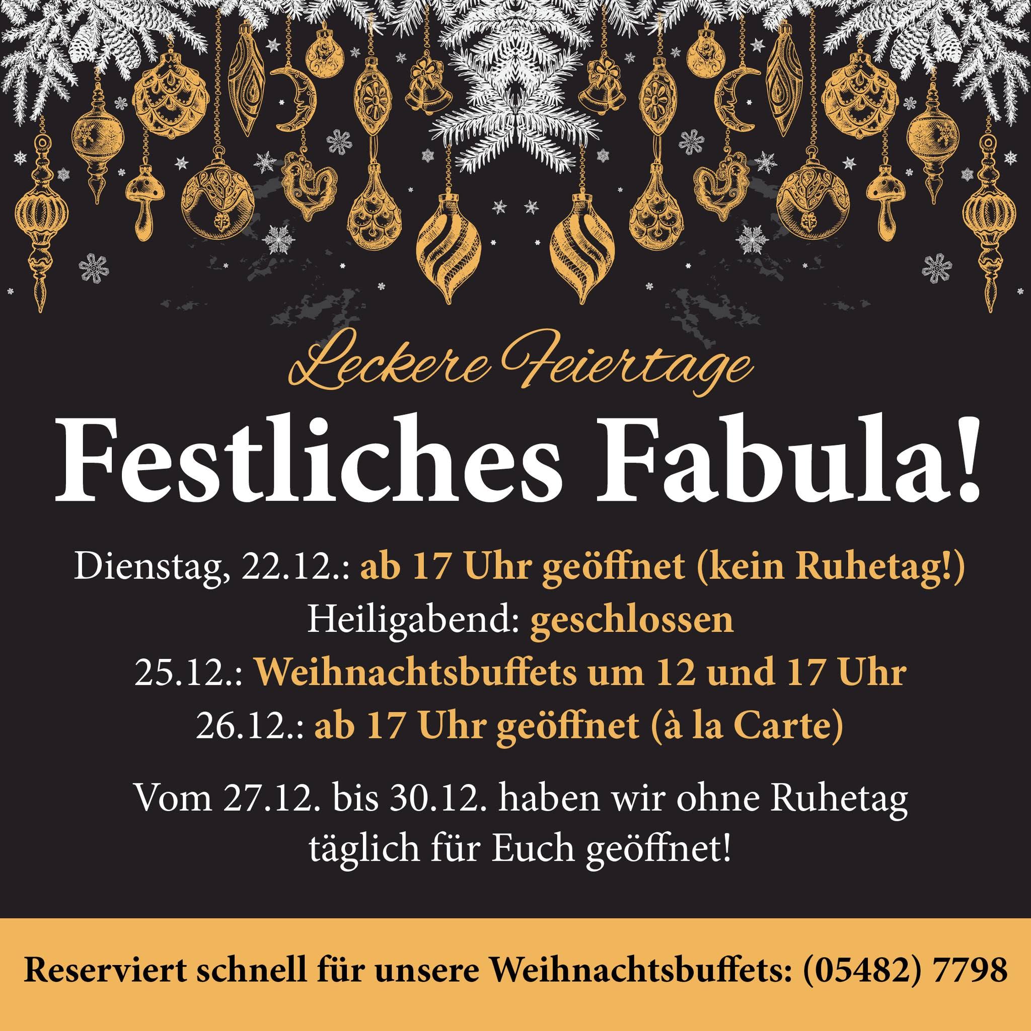 Festliches Fabula – Weihnachten 2026 Weihnachten 2026 im Restaurant Fabula: Öffnungszeiten und Weihnachtsbuffets